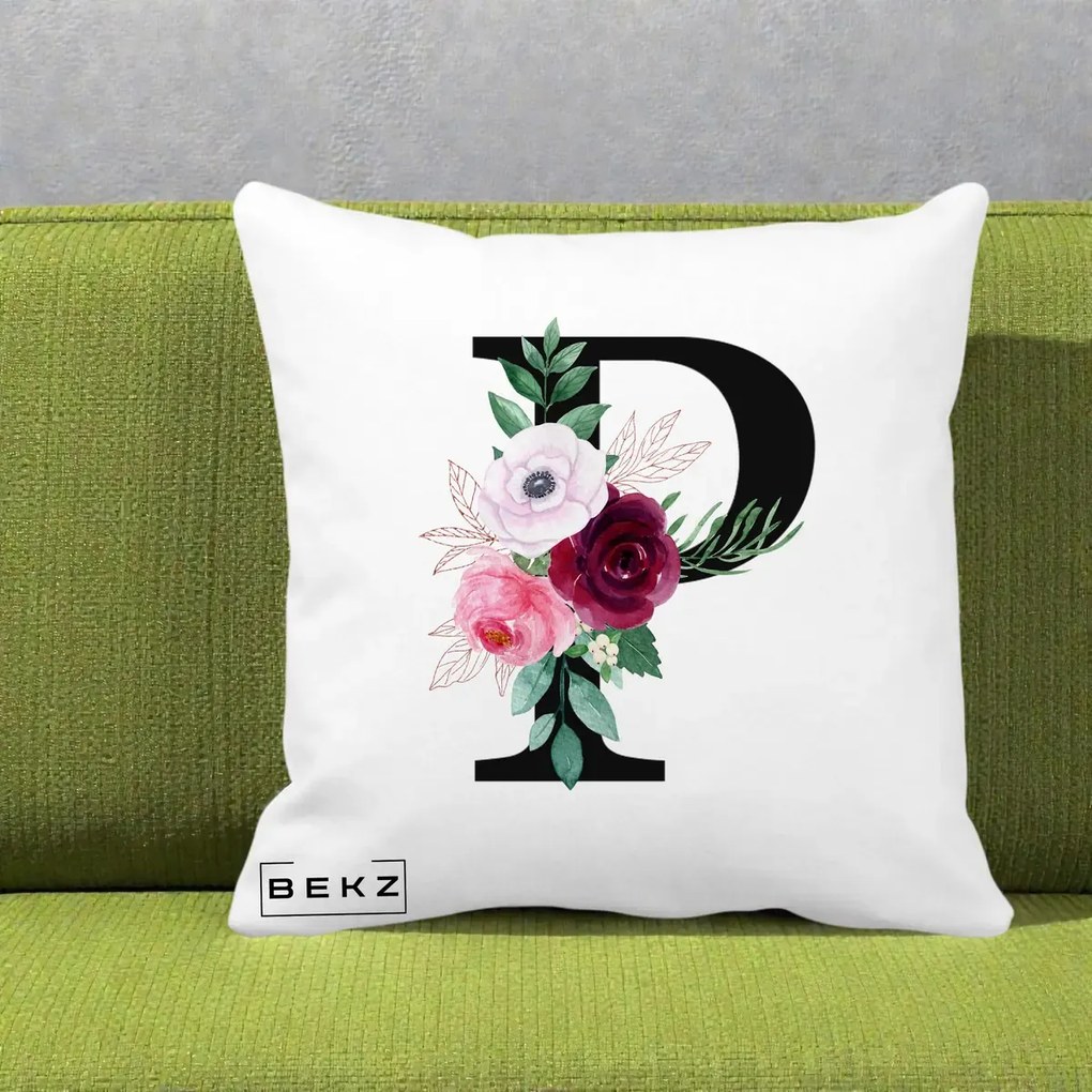 Cadou Personalizat - Perna Personalizata Monograma Florala Litera P, 40x40 cm, Alba Mata, Husa Detasabila, Perna Inclusa, BEKZ®