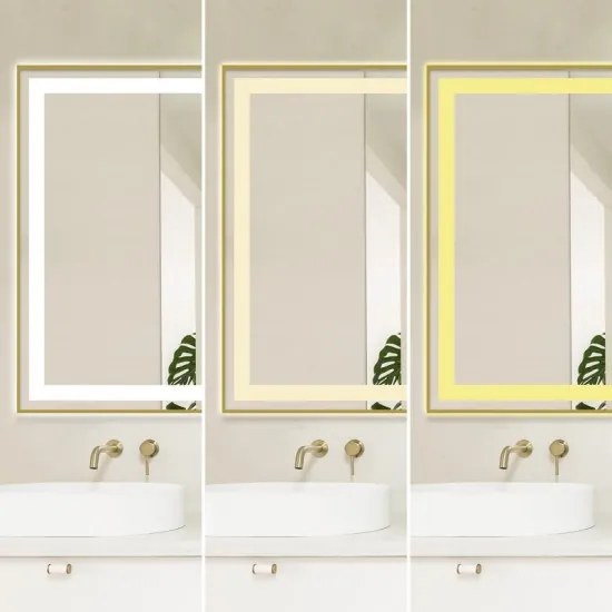 Oglindă Baie LED și Dezaburire Elit's Premium cu Senzor Touch, Lumina Rece, Caldă și Neutră, 100x65cm, cu rama Bronz Antichizat, Ceas