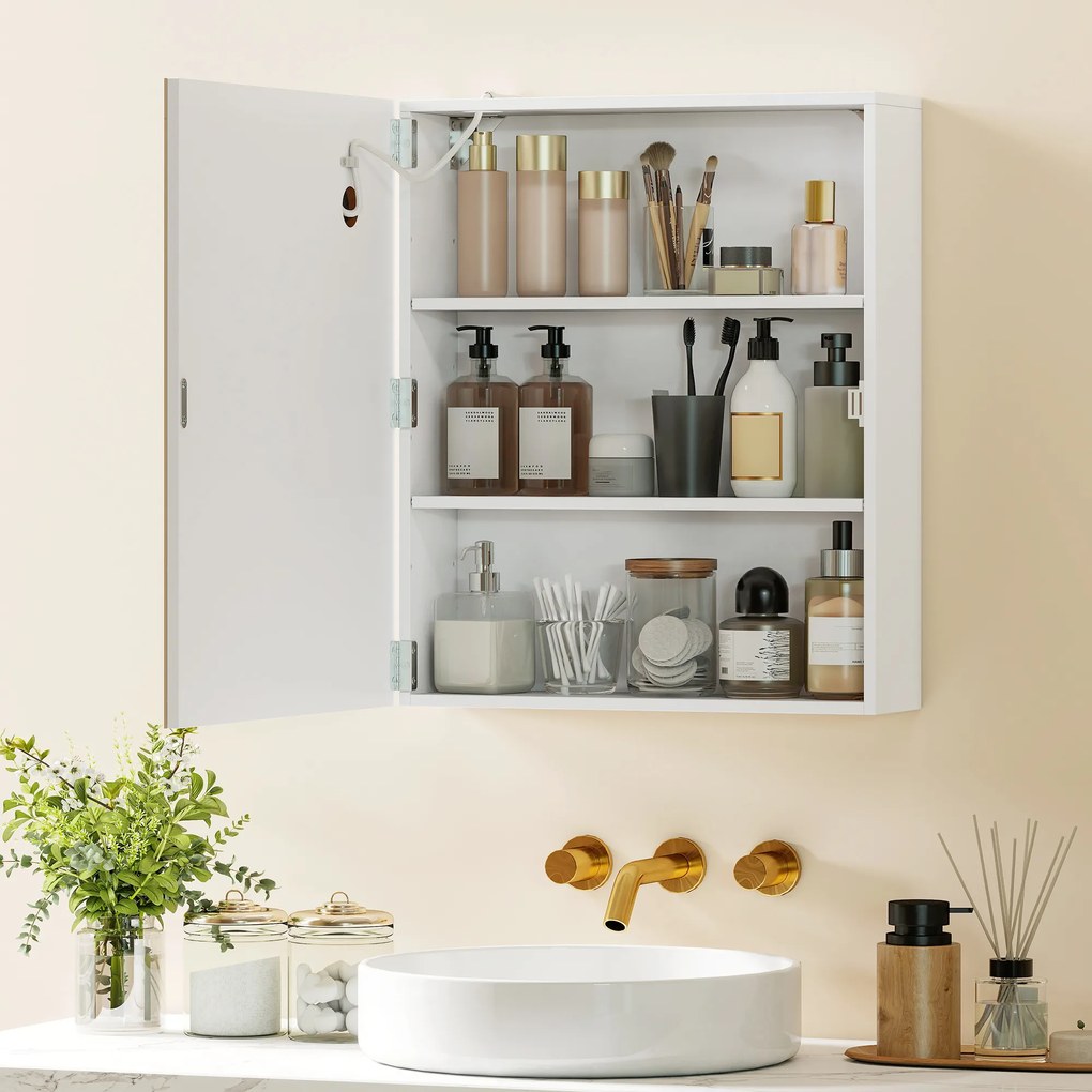 HOMCOM Dulap cu oglindă pentru baie cu iluminare, raft reglabil, ușă, 3 temperaturi de culoare, anti-aburire 50 x 15 x 60 cm Alb | Aosom Romania