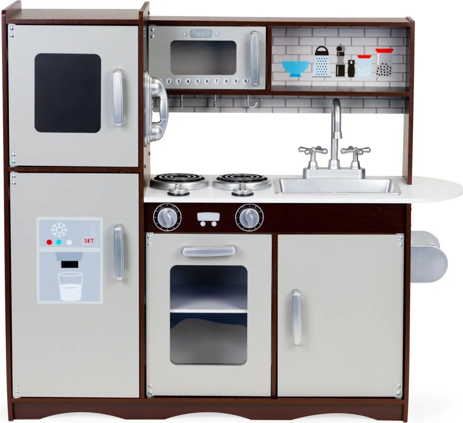 Bucătărie pentru copii din lemn cu dulapuri și frigider