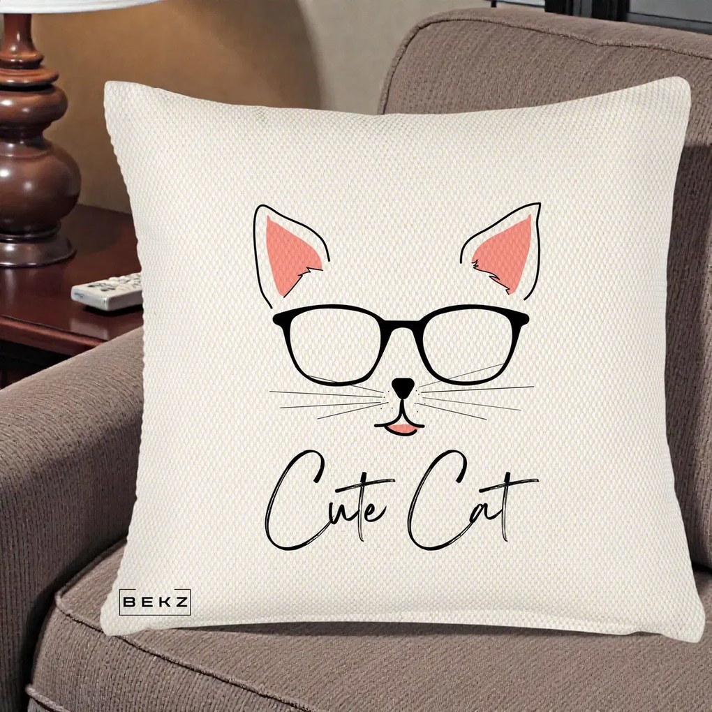 Perna Personalizata Cute Cat cu Ochelari, 40x40 cm, Crem Reliefat, Husa Detasabila, Perna Inclusa, BEKZ®