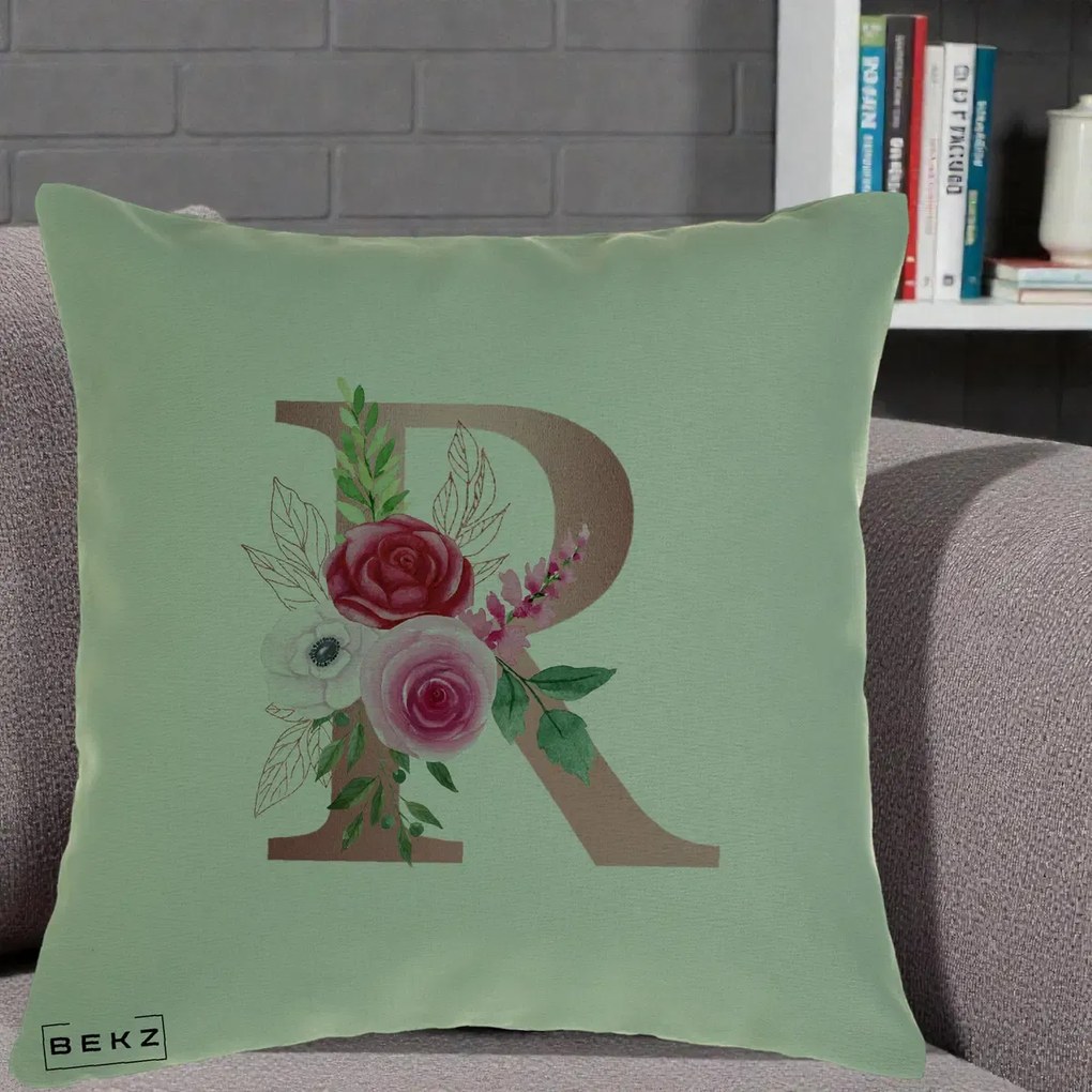 Cadou Personalizat - Perna Personalizata Monograma Rose Gold Litera R, 40x40 cm, Verde, Husa Detasabila, Perna Inclusa, BEKZ®