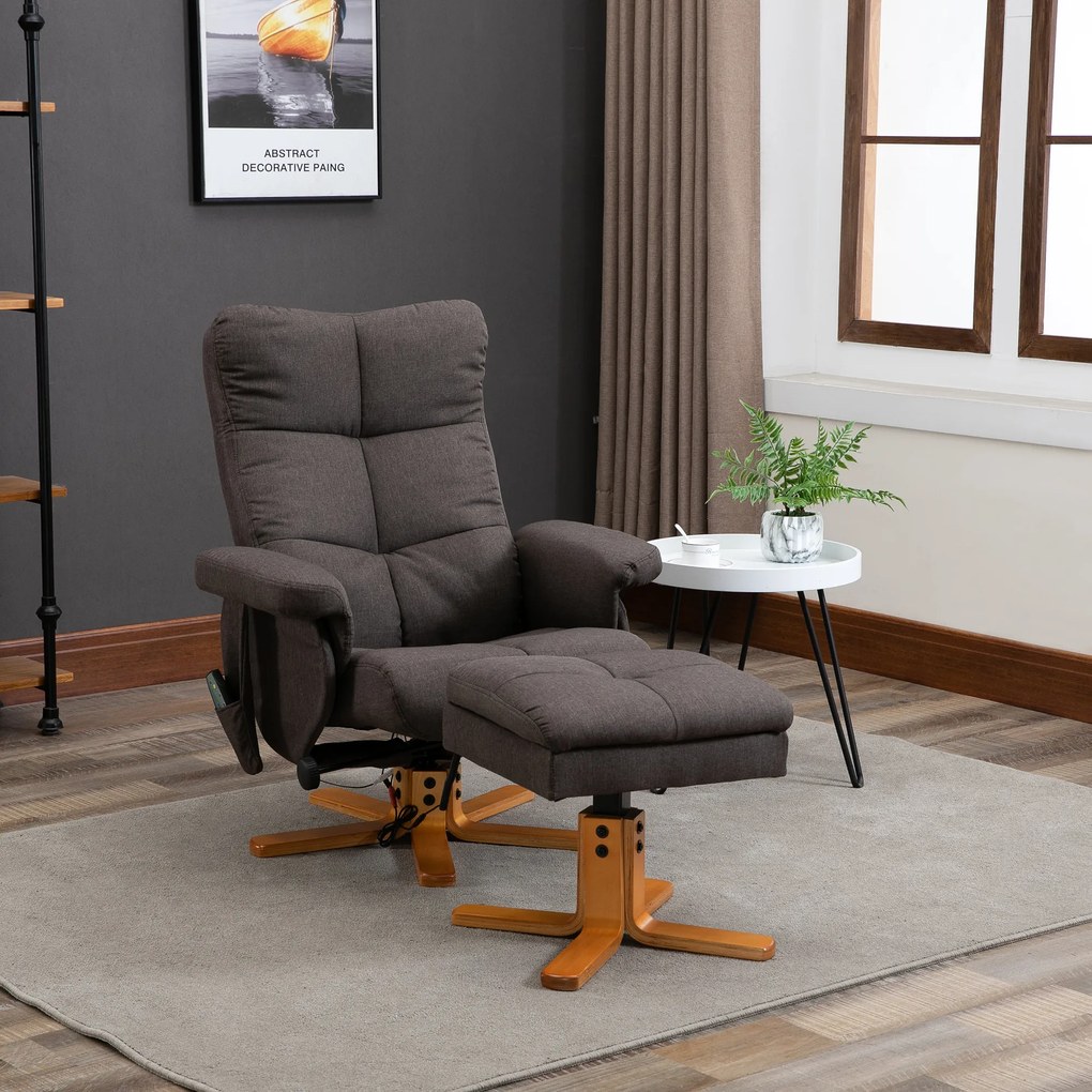 Scaun de masaj HOMCOM cu taburet, 360° rotativ, electric, cu funcție de întindere și spațiu de depozitare, scaun de relaxare pentru televizor, poliester, maro | Aosom Romania
