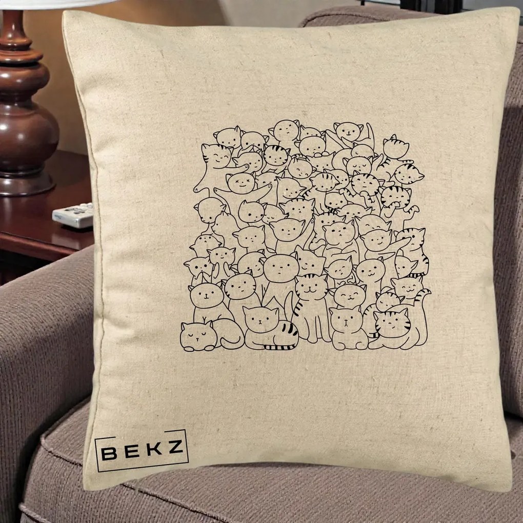 Perna Personalizata Many Cats Pattern Alb-Negru, 40x40 cm, Bej, Husa Detasabila, Perna Inclusa, BEKZ®