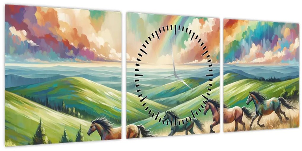 Tablou – Cai galopând prin peisaj (cu ceas) (90x30 cm)