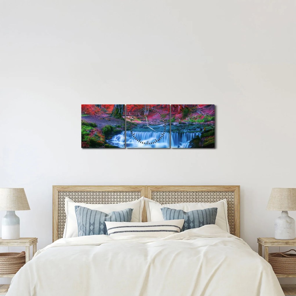 Tablou - Cascada în pădurea roșie (cu ceas) (90x30 cm)
