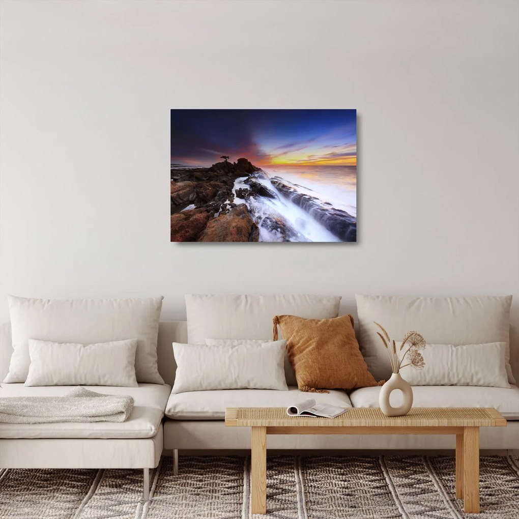 Tablou pe sticlă cu munți în ceață (70x50 cm)