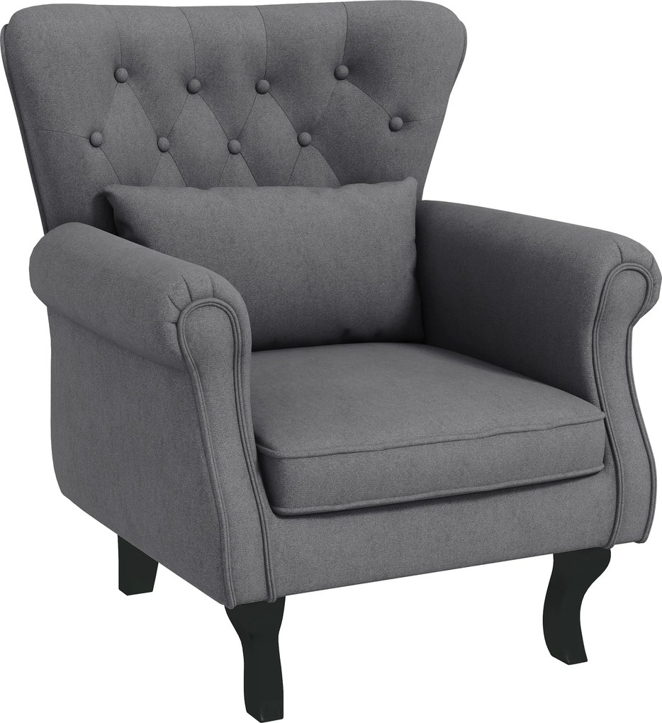 HOMCOM Fotoliu Vintage cu Spătar, Fotoliu Tapițat pentru Șemineu cu Pernă, Spătar Capitonat și Brațe Rulate,  76x74,5x89,5 cm, Gri | Aosom Romania