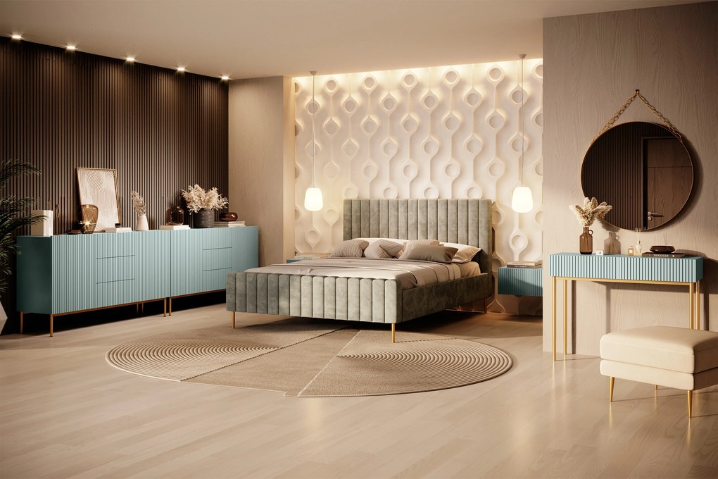 Comodă Nicole 150 cm cu trei sertare - MDF salvie / picioare aurii