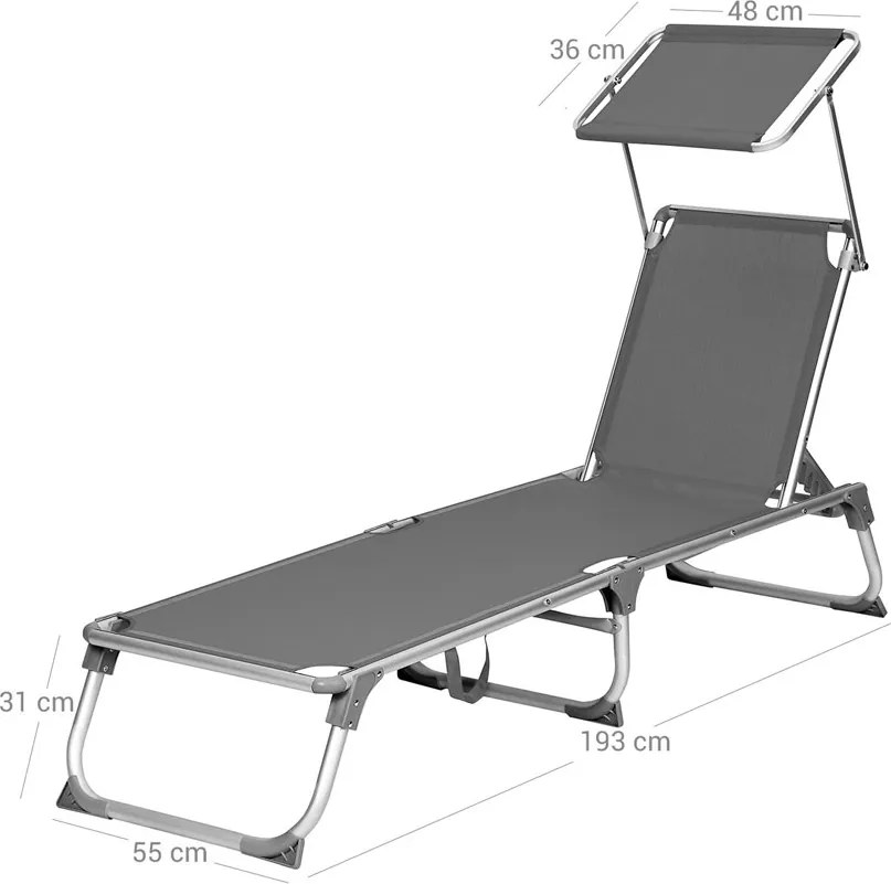 Șezlong de grădină MALIBU cu copertină reglabilă, 193x55x31 cm, gri SongmicsHome