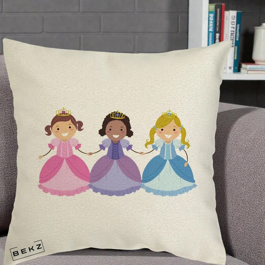 Perna Personalizata Printese Diverse Ilustratie, 40x40 cm, Ecru, Husa Detasabila, Perna Inclusa, BEKZ®