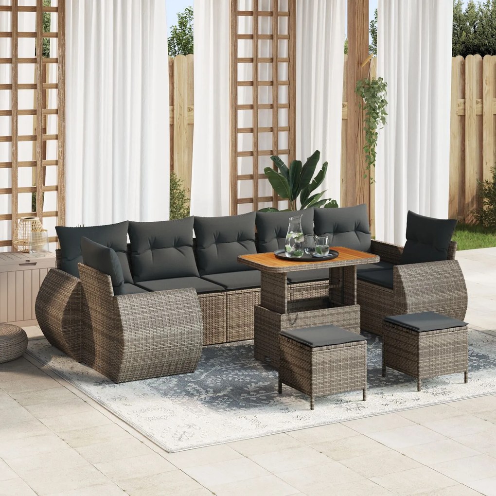 vidaXL Set de canapea pentru grădină , cu 10 piese și perne din rattan gri din poliester și lemn de acacia.