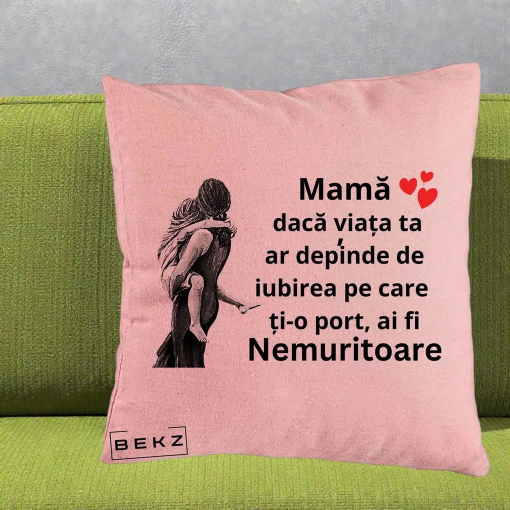 Cadou pentru Mama - Perna Personalizata Mama Nemuritoare Gravura Vintage, 40x40 cm, Roz, Husa Detasabila, Perna Inclusa, BEKZ®