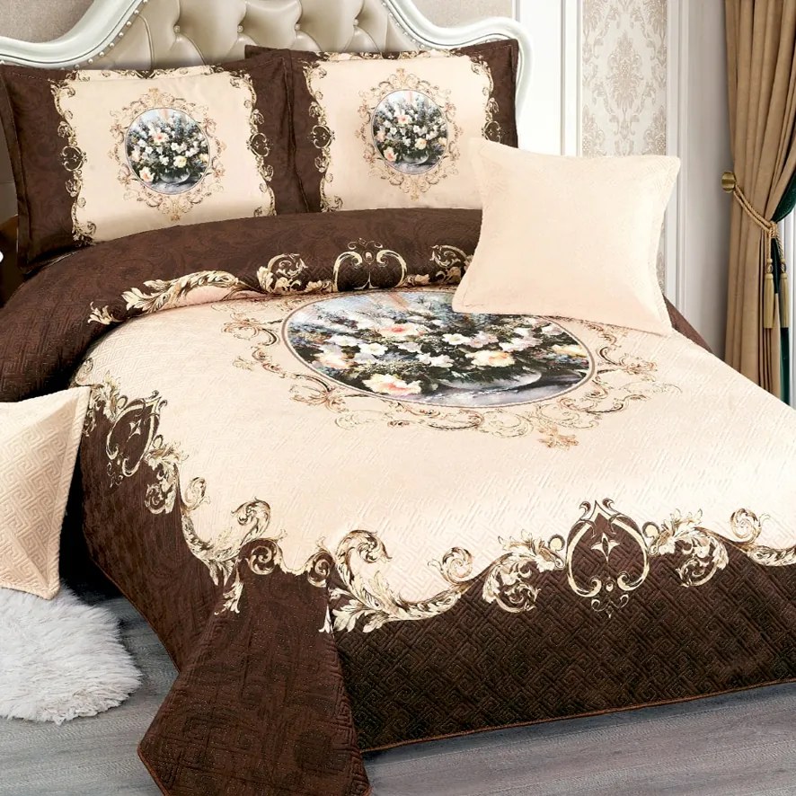 Cuvertură catifea matlasată, medalion floral crem, 5 piese, 230x250 cm, CM31