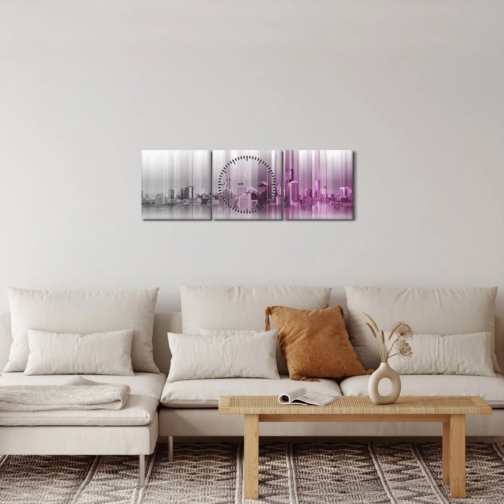 Tablou - Panorama orașului, roz-gri (cu ceas) (90x30 cm)