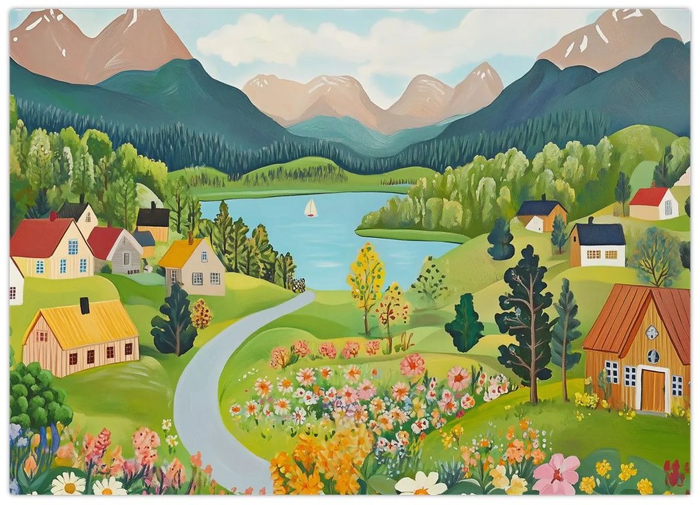 Tablou pe sticlă - Sat în Munți (70x50 cm)