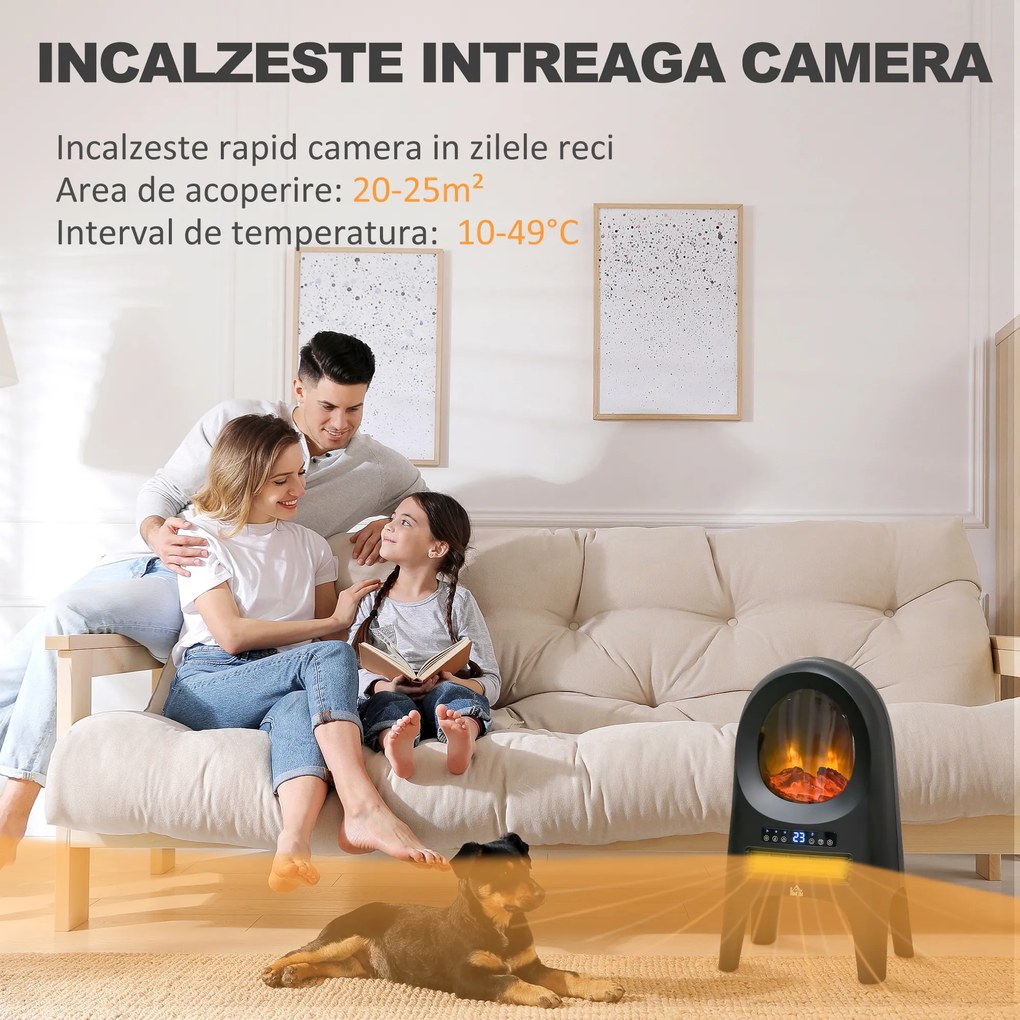 HOMCOM Încălzitor cu Ventilator cu 3 Moduri de Încălzire și Temperatură Reglabilă, Aparat de Încălzire, 33,7x25,5x60,4 cm, Negru | Aosom Romania