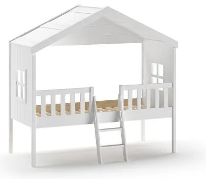 Pat Căsuță Housebed 90x200 cm cu Scară, pentru Copii, Alb – Vipack