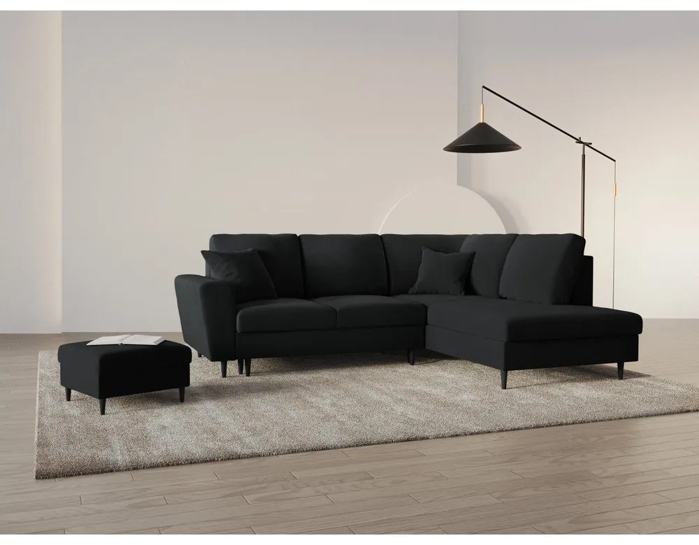 Colțar negru extensibil, cu spațiu de depozitare cu tapițerie din catifea (cu colț pe partea dreaptă-în formă de ”L”) Kyoto – Cosmopolitan Design