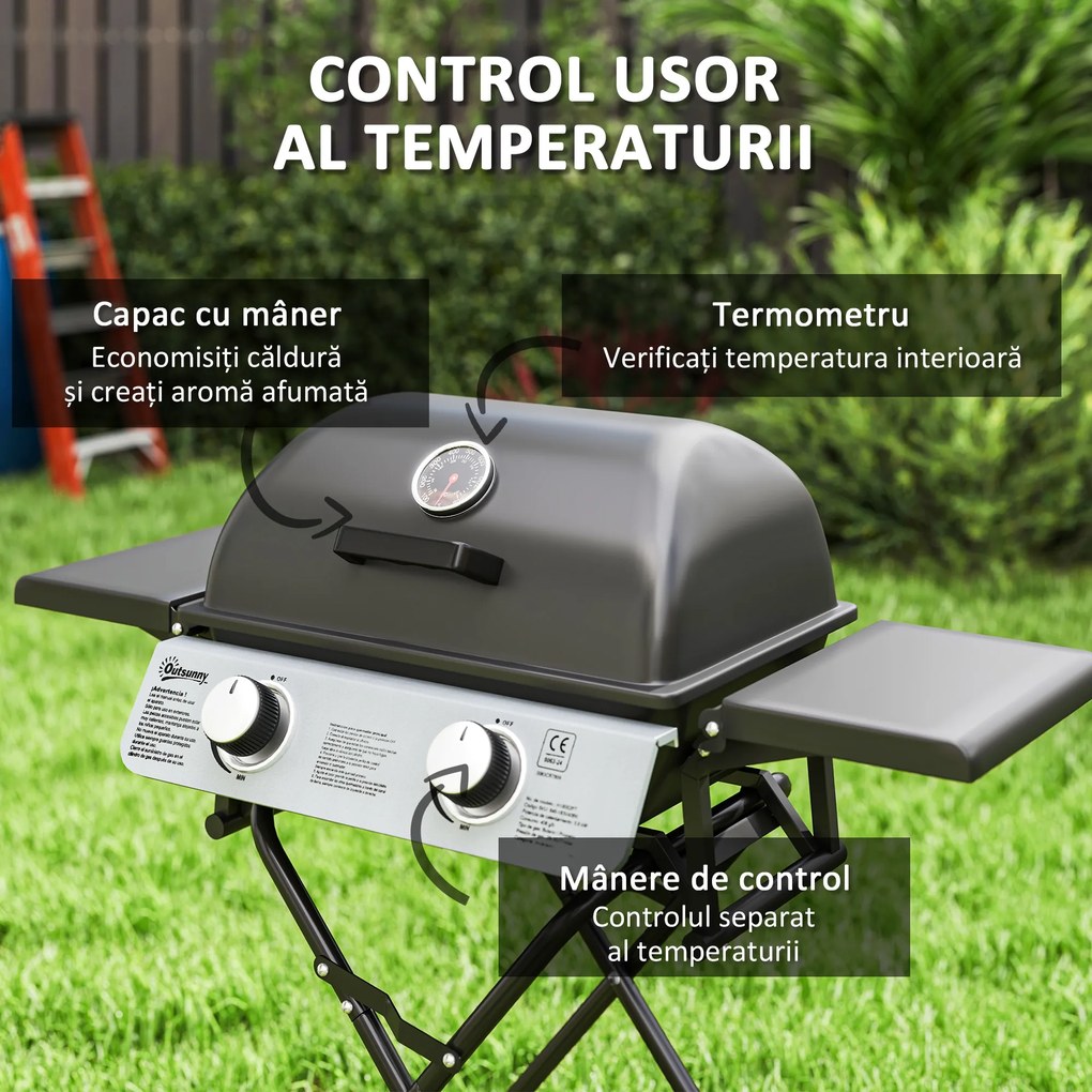 Outsunny Barbecue pe Gaz 2 Arzătoare, 2 Rafturi, Capac și Termometru Negru | Aosom Romania