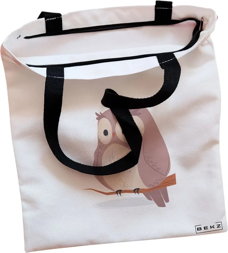 Sacosa de Panza pentru Cumparaturi, Geanta Tote, model Cute Owl, Cu fermoar, 38x34.5 cm, Alba, BEKZ®