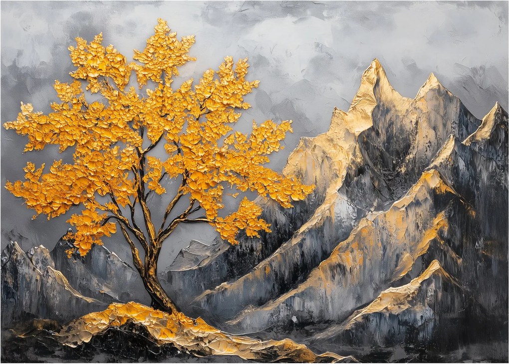 Tablou pe sticlă – Arbore auriu în munți (70x50 cm)