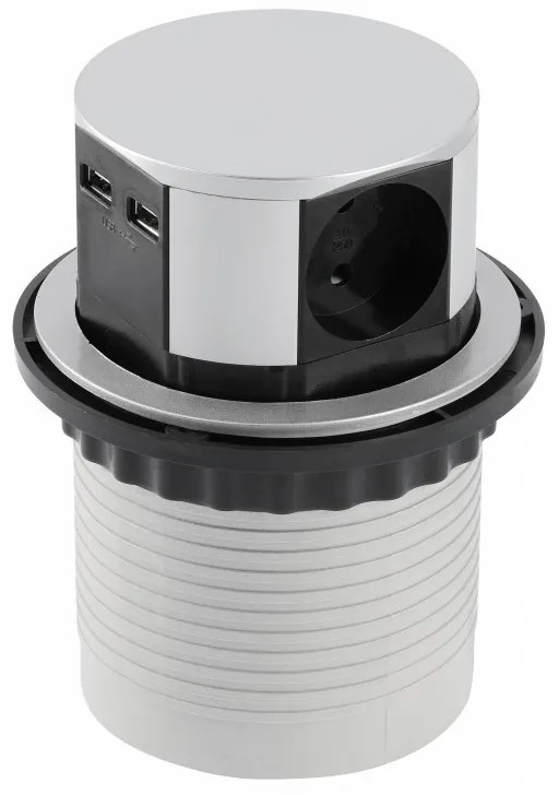 Priza incastrabila in blat, 3 prize schuko + 2 USB 5V 2.4A, negru + aluminiu, cablu 1.5m, GTV