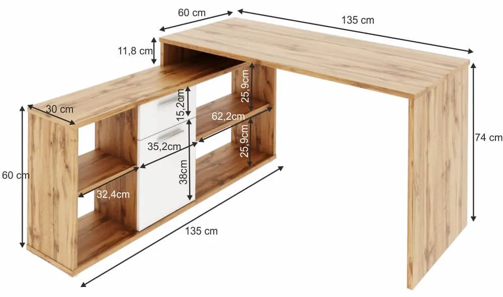 Birou pe colt , 135x135 cm , 5 culori la alegere , Bortis Impex stejar wotan/alb