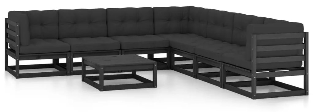 3076883 vidaXL Set mobilier grădină cu perne, 8 piese, negru, lemn masiv pin