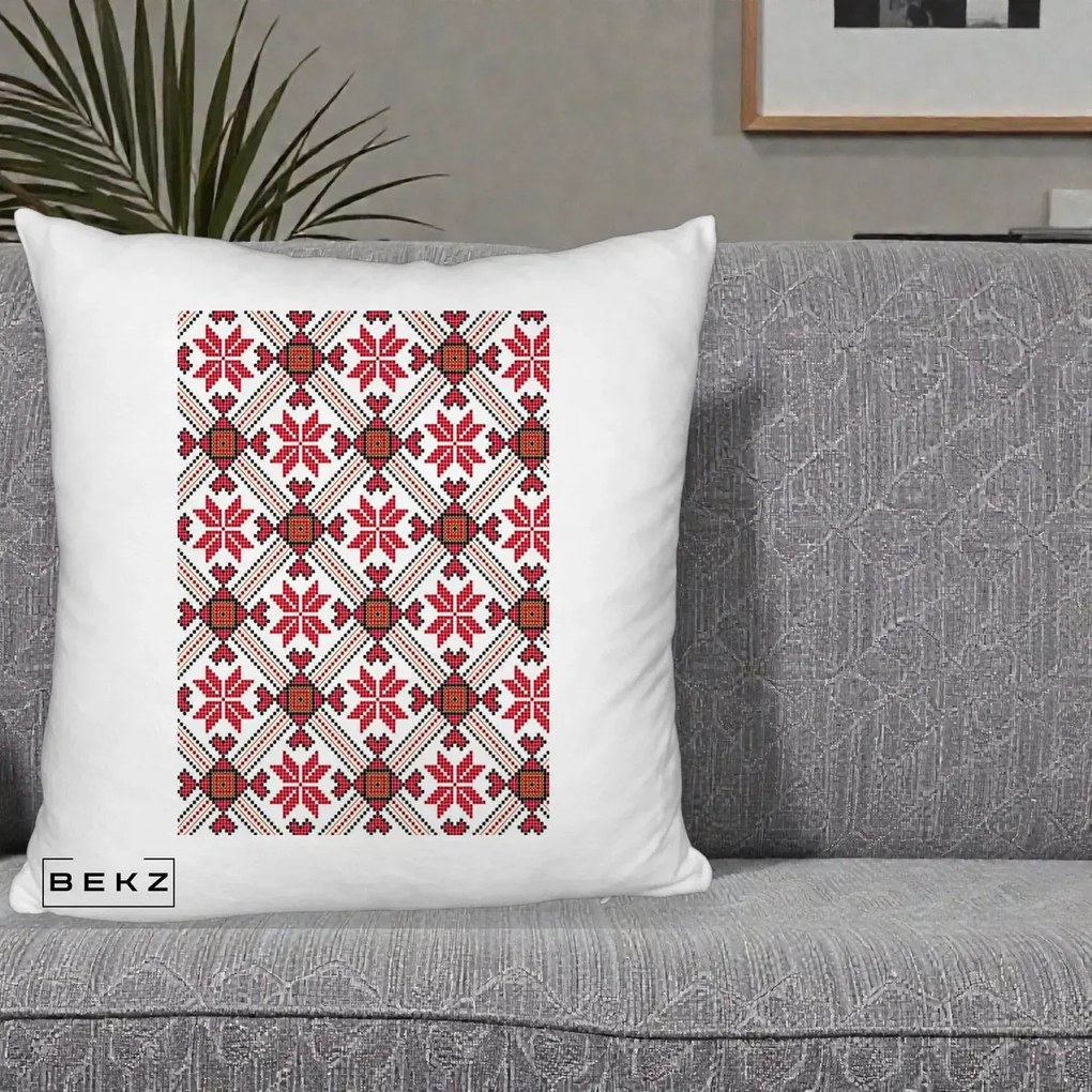 Perna Personalizata Motiv Traditional Ie Romaneasca Rosu, 40x40 cm, Alb Pufos, Husa Detasabila, Perna Inclusa, BEKZ®