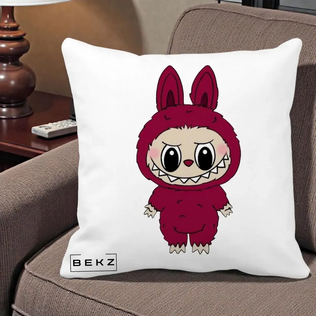 Perna Personalizata Labubu Rosu-Visiniu Solo, 40x40 cm, Alba Mata, Husa Detasabila, Perna Inclusa, BEKZ®