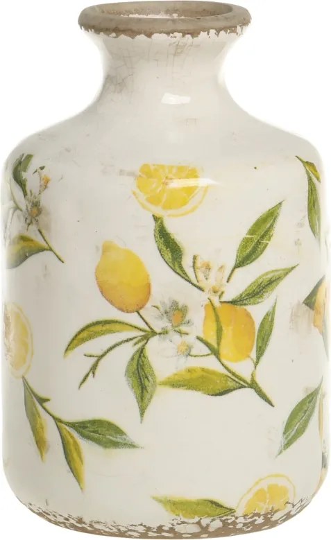 Vas decorativ din ceramică, pictat manual, crem, H17/D10 cm, Limone