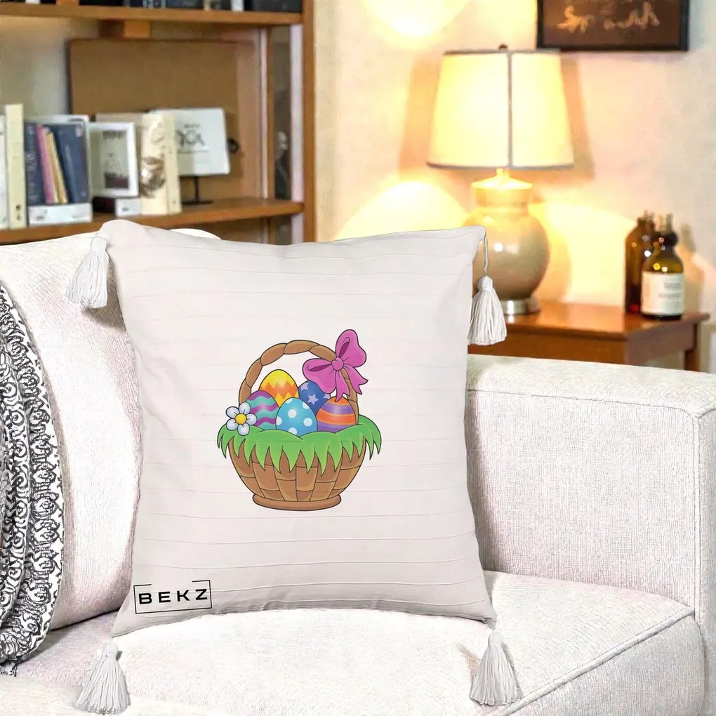 Perna Decorativa Cos cu Oua de Pasti Colorat, 40x40 cm, Bej cu Franjuri, Husa Detasabila, Perna Inclusa, BEKZ®