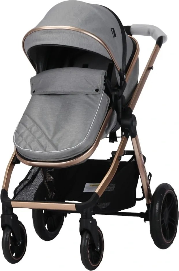 Carucior nou nascuti 3 in 1 NOVOKIDS™ X2000 series, Cu geanta bebe, Cadru Aluminiu Gold, Amortizoare, Roti din cauciuc plin AVE, Landou, Scoica auto,