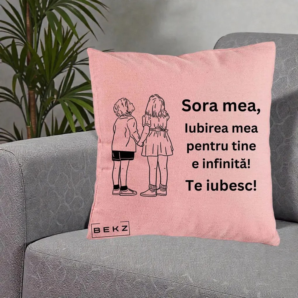 Cadou pentru Sora - Perna Personalizata Sora Mea Te Iubesc Copii Tinand Maini Line Art, 40x40 cm, Roz, Husa Detasabila, Perna Inclusa, BEKZ®