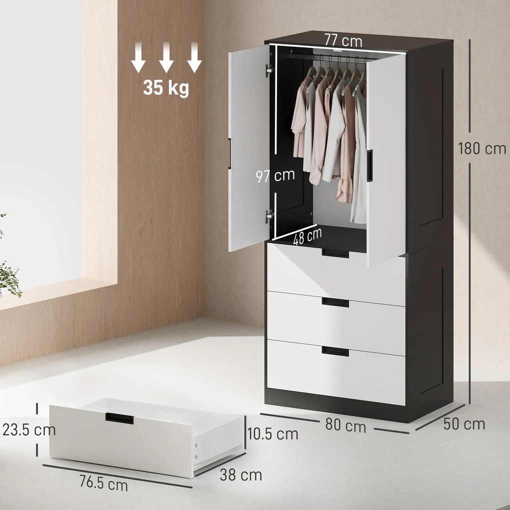 HOMCOM Dulap pentru Dormitor cu 2 Uși cu Închidere Amortizată, 3 Sertare, PAL, 80x50x180 cm, Alb și Negru | Aosom Romania