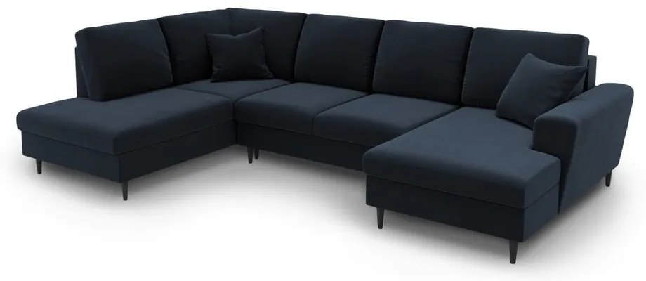 Colțar albastru închis extensibil, cu spațiu de depozitare cu tapițerie din catifea (cu colț pe partea stângă-în formă de "U") Kyoto – Cosmopolitan Design