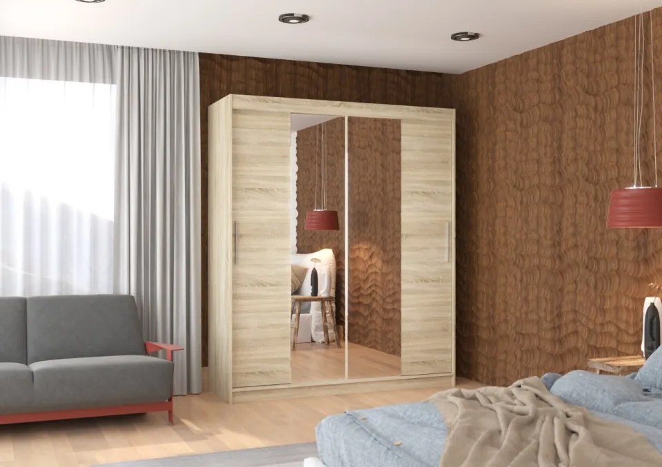 Dulap cu usi glisante si oglinda 180x215 cm, Baltic, ADRK Furniture (Culoare: Alb)