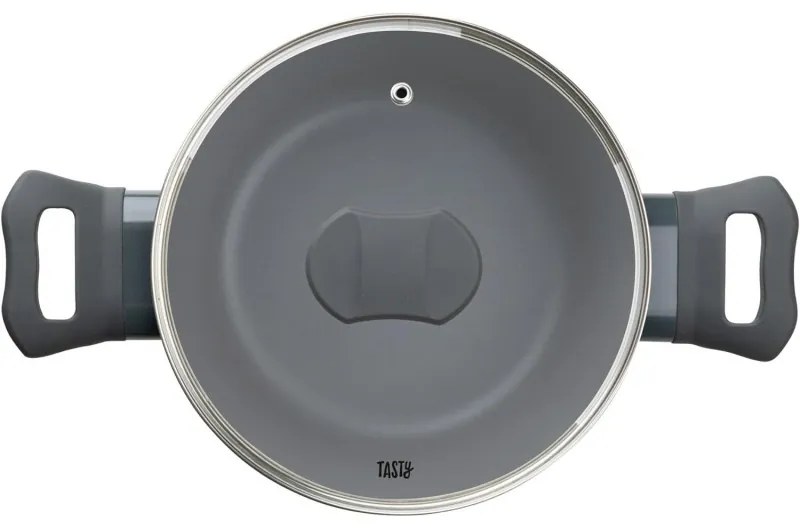 Oala cu capac de sticla Tasty 678536, 20 cm, 2.5 l, Manere moi, Aluminiu, Acoperire antiaderenta, Gri