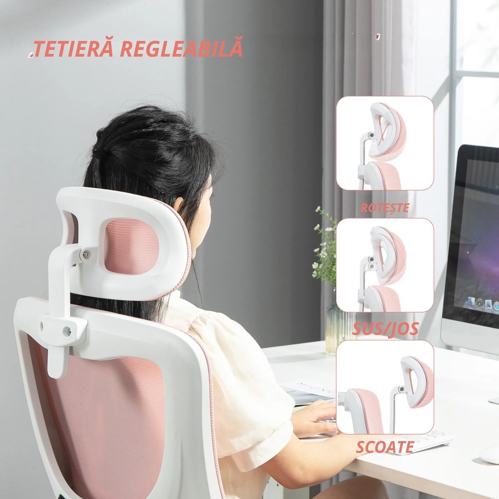 Vinsetto Scaun de Birou Ergonomic cu Tetieră Detașabilă Roz | Aosom Romania