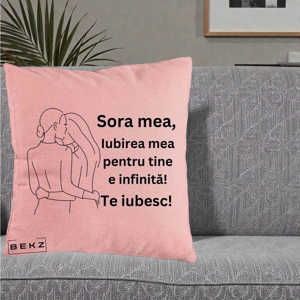 Cadou pentru Sora - Perna Personalizata Sora Mea Te Iubesc Imbratisare din Spate Line Art, 40x40 cm, Roz, Husa Detasabila, Perna Inclusa, BEKZ®