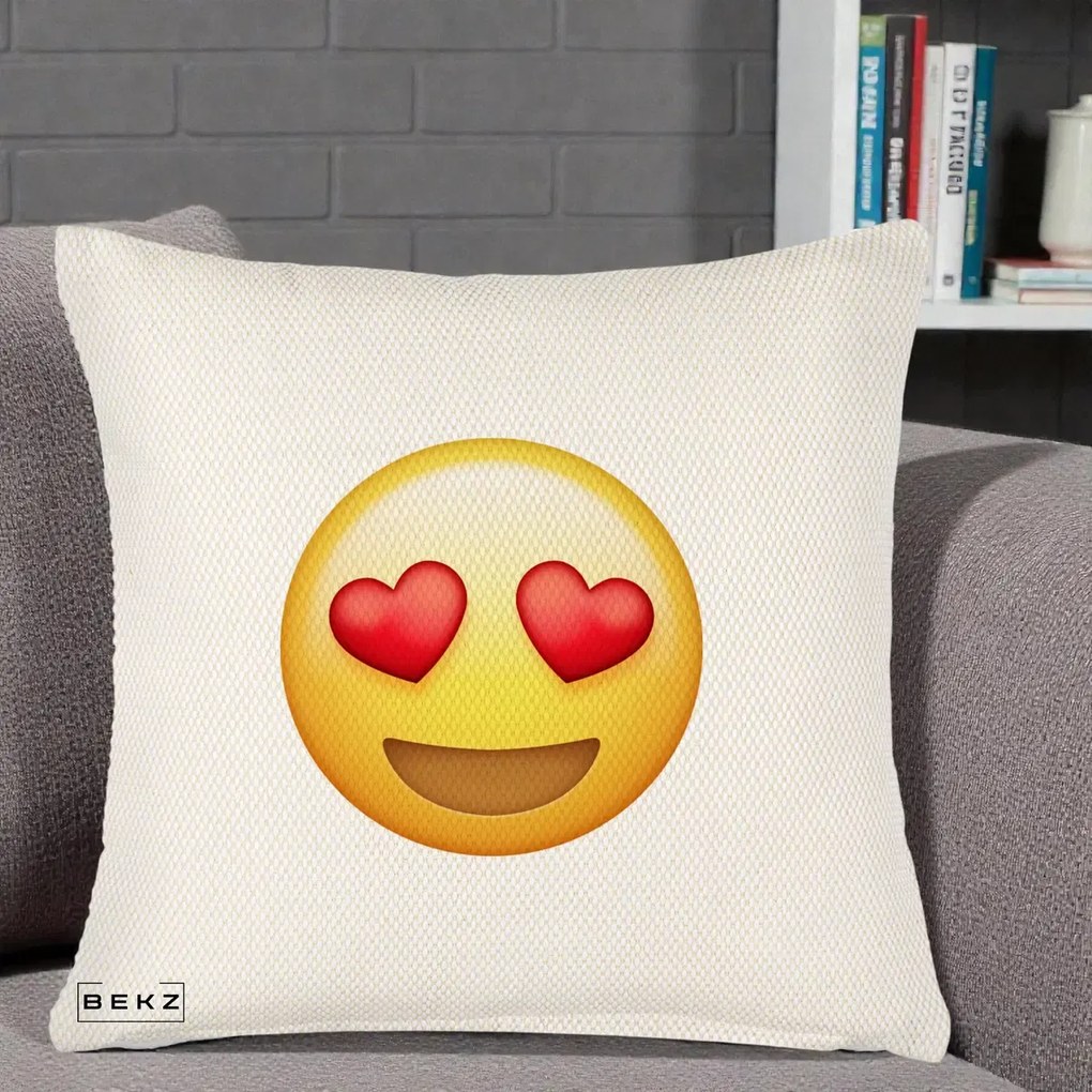 Perna Decorativa Emoji Inimi in Ochi, 40x40 cm, Crem Reliefat, Husa Detasabila, Perna Inclusa, BEKZ®