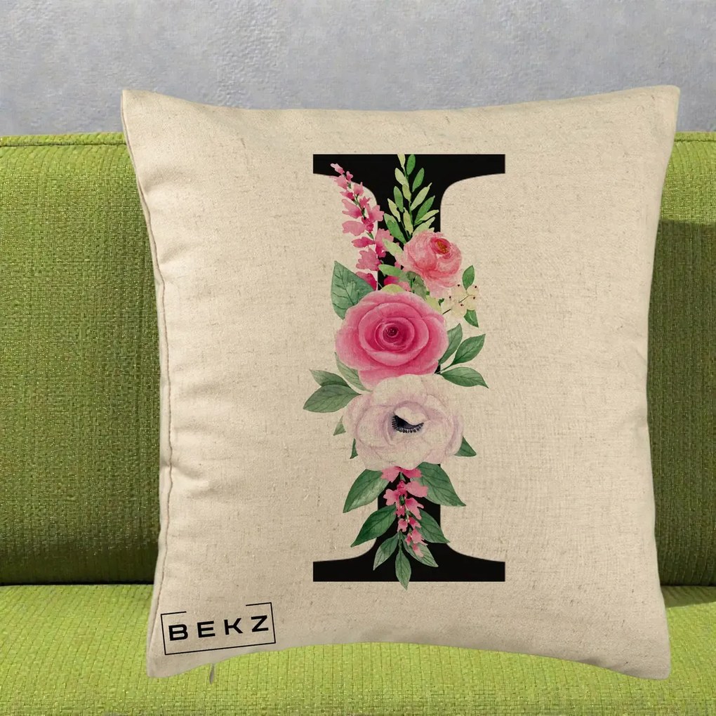 Cadou Personalizat - Perna Personalizata Monograma Florala Litera I, 40x40 cm, Bej, Husa Detasabila, Perna Inclusa, BEKZ®