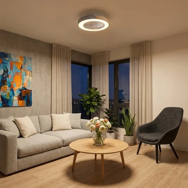 Brilagi - Corp de iluminat LED dimabil cu ventilator, 38 W, 230 V, Ø50 cm, gri/stejar + telecomandă