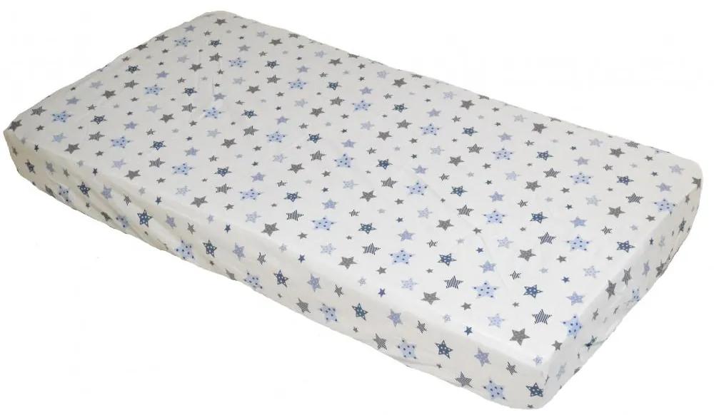 Cearceaf din bumbac cu elastic Stars Blue and Grey pe alb 120x60 cm