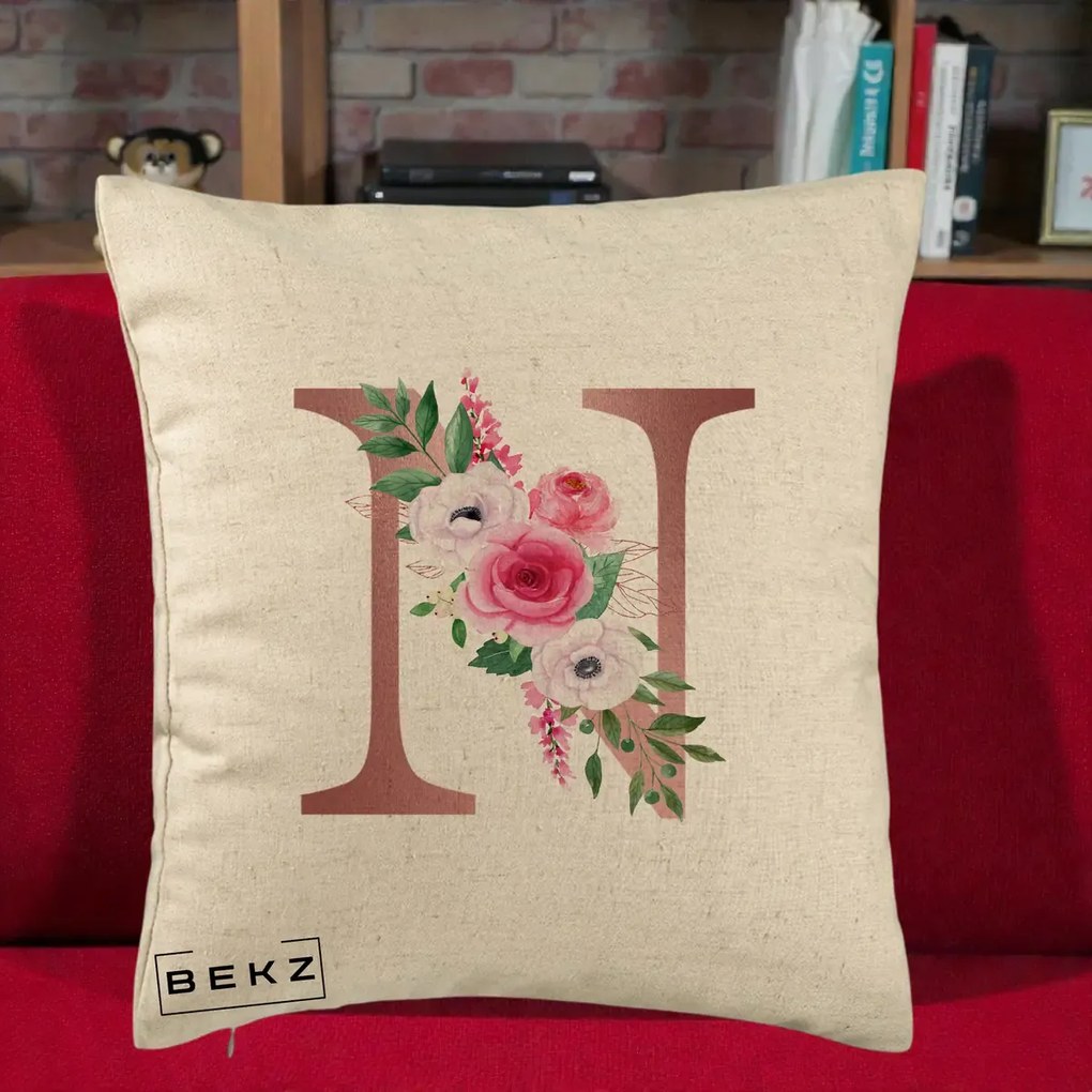Cadou Personalizat - Perna Personalizata Monograma Rose Gold Litera N, 40x40 cm, Bej, Husa Detasabila, Perna Inclusa, BEKZ®