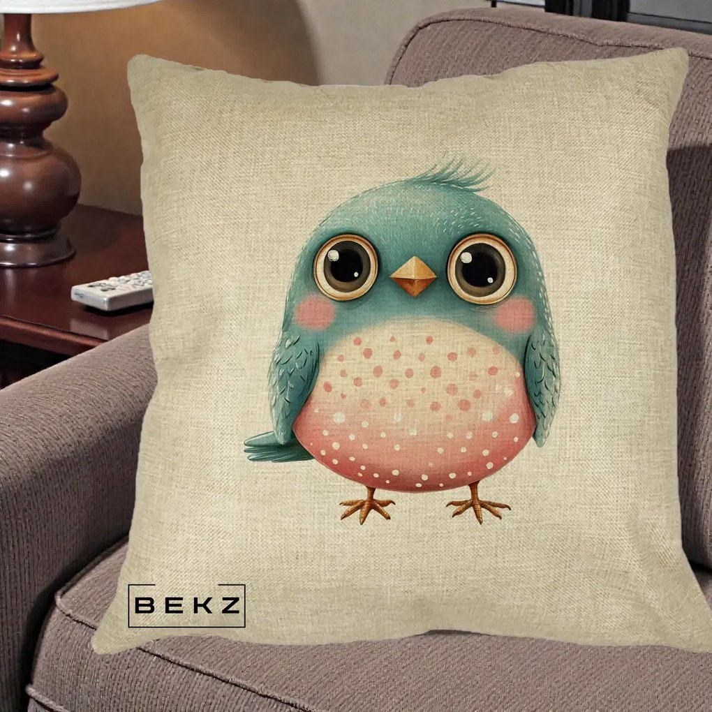 Perna Decorativa Pasare Teal-Roz cu Pete, 40x40 cm, Crem, Husa Detasabila, Perna Inclusa, BEKZ®