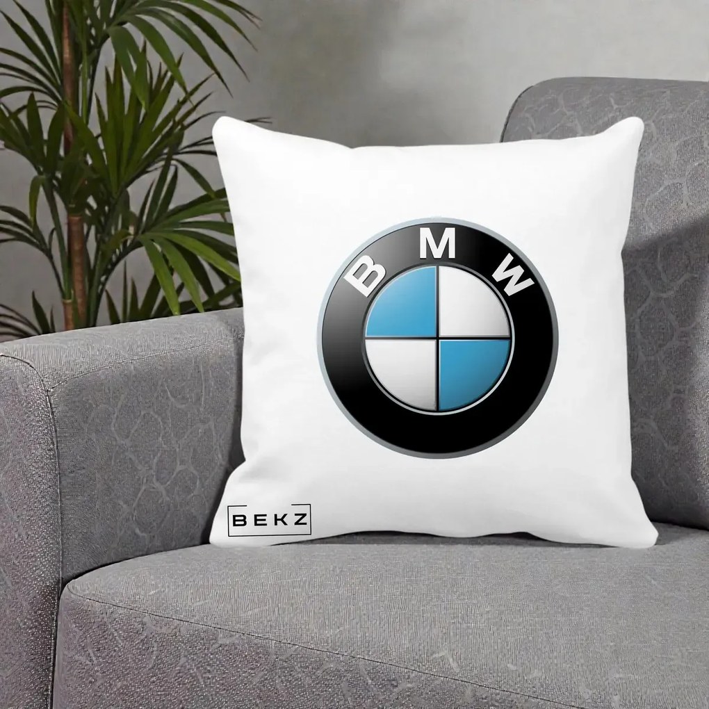 Perna Personalizata cu emblema BMW, 40x40 cm, Alba Mata, Husa Detasabila, Perna Inclusa, BEKZ®