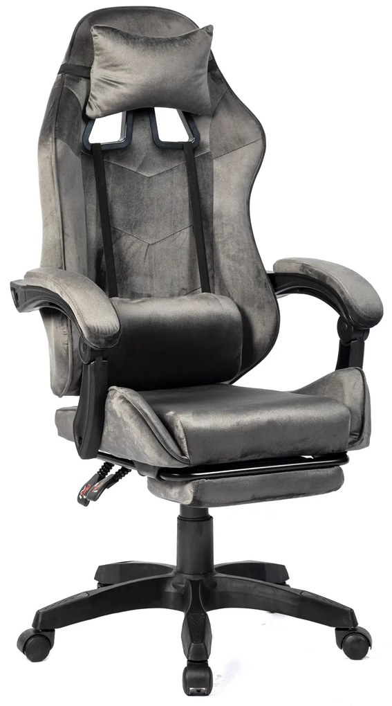 Scaun gaming, masaj în perna lombară, suport picioare, textil, Gri
