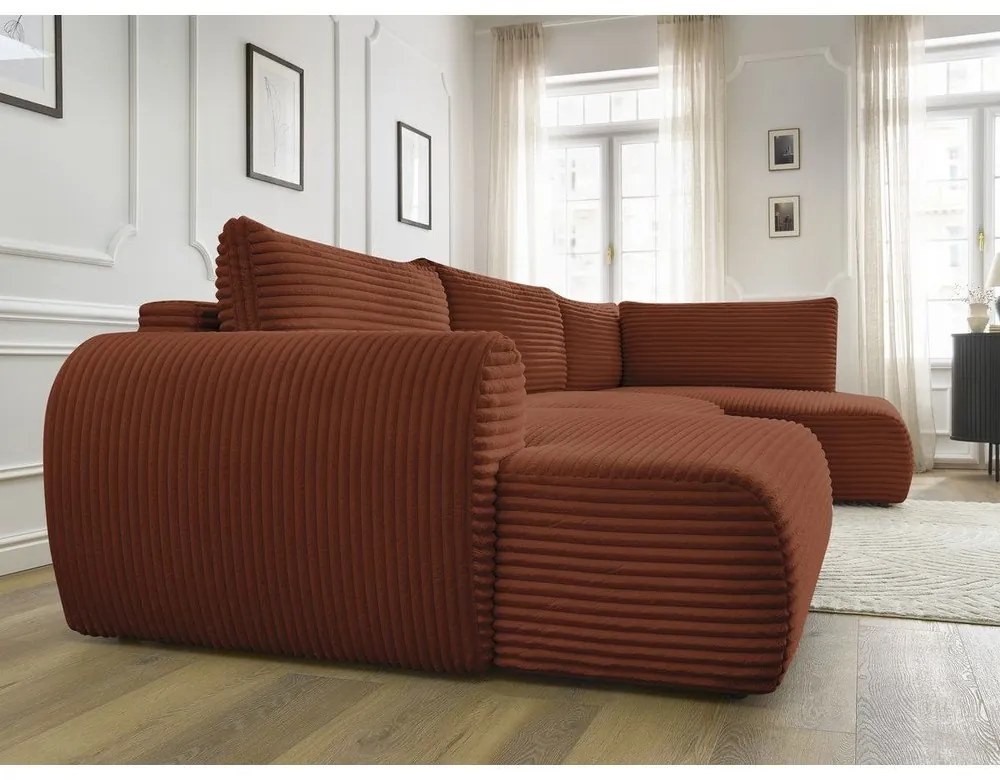 Colțar cărămiziu extensibil/cu spațiu de depozitare cu tapițerie din catifea reiată (cu colț pe partea dreaptă/în formă de "U") Lucien – Bobochic Paris